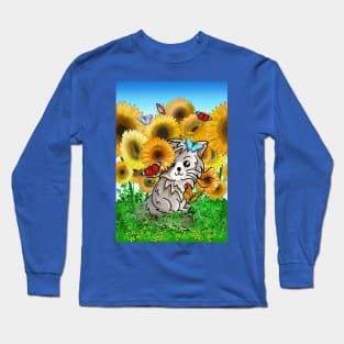 Cute cartoon cat and butterflies in a sunflower field Long Sleeve T-Shirt